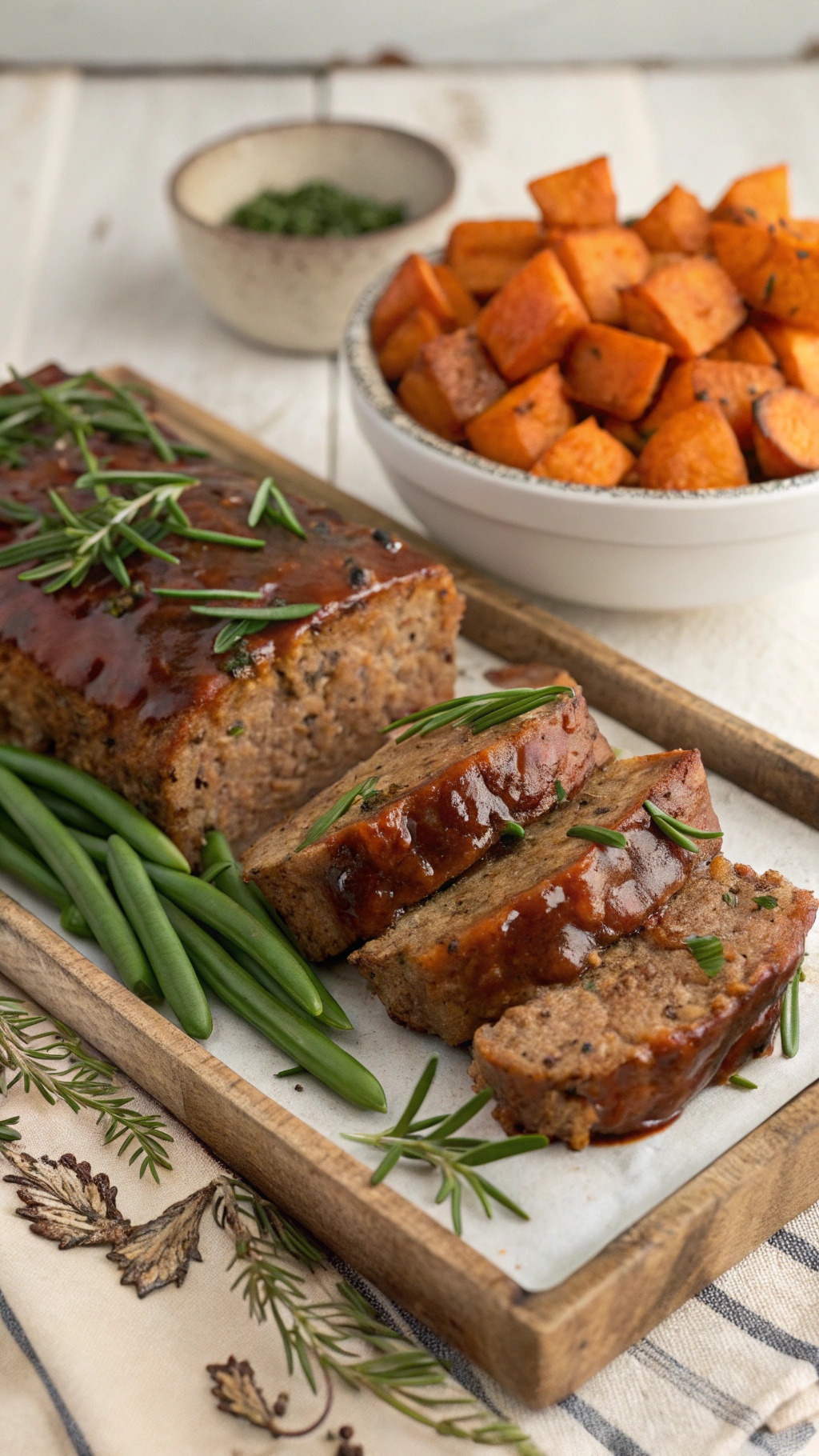 Maple-glazed meatloaf served with green beans and roasted sweet potatoes.