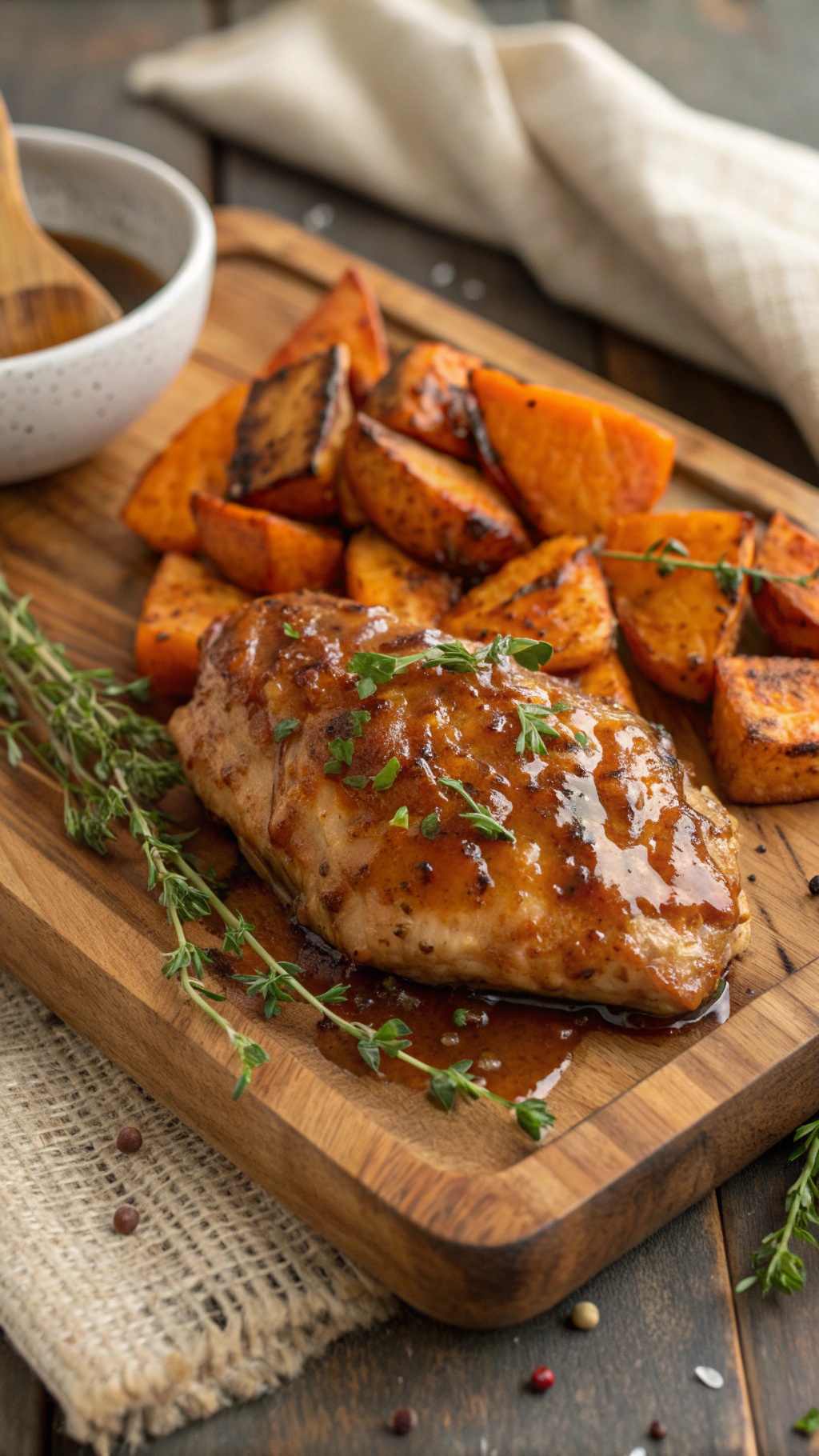 Maple Dijon Chicken served with roasted sweet potatoes and fresh herbs on a wooden board.