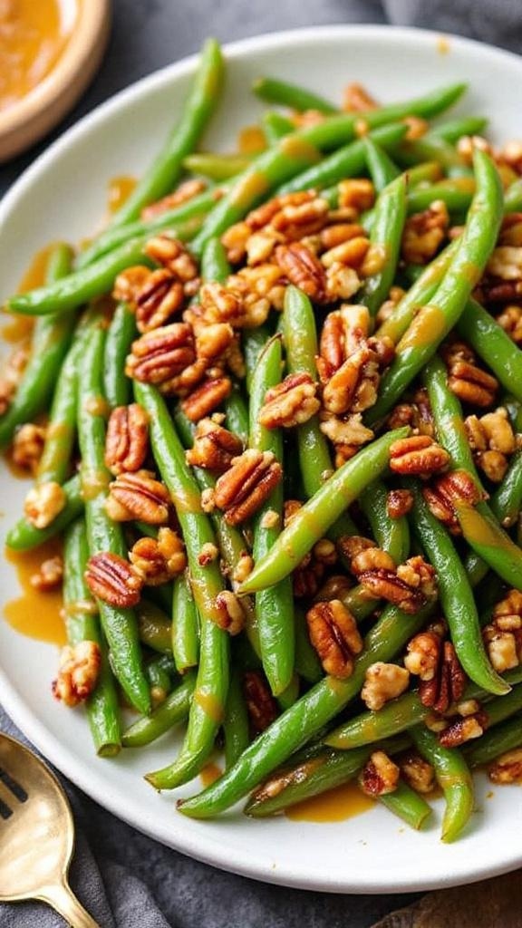 A plate of maple Dijon green beans topped with toasted pecans, showcasing a vibrant and inviting holiday side dish.