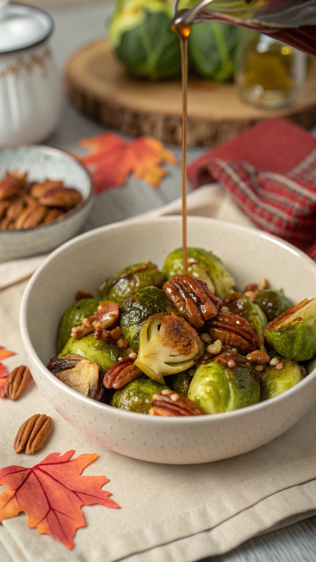 Maple glazed Brussels sprouts with pecans in a bowl, surrounded by autumn leaves and nuts.