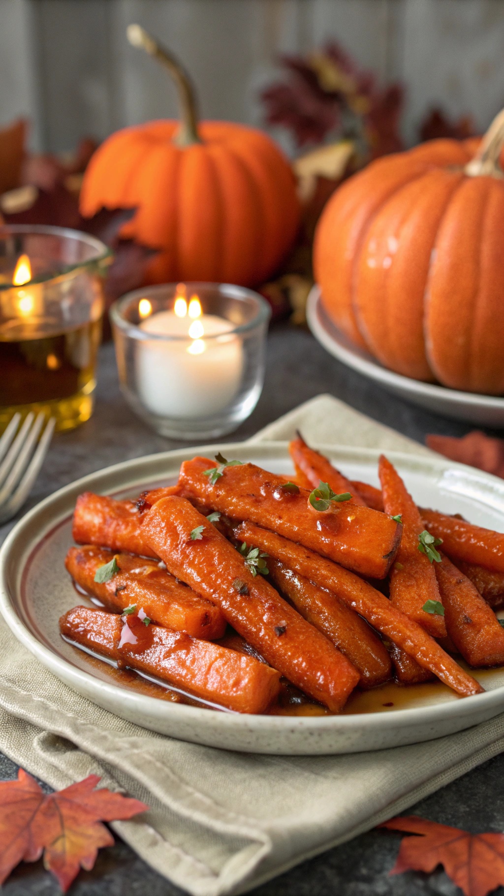 Maple glazed carrots served on a plate with pumpkins and candles in the background