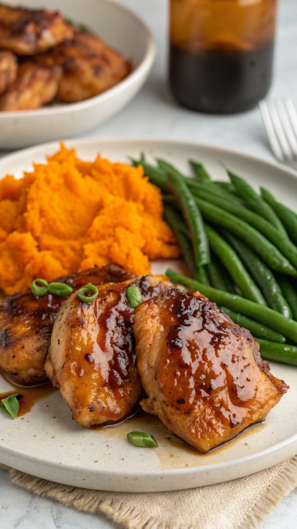 Maple glazed chicken thighs served with mashed sweet potatoes and green beans.