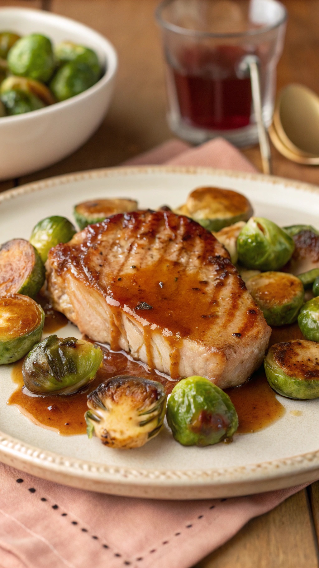 A plate of maple glazed pork chops served with roasted Brussels sprouts.