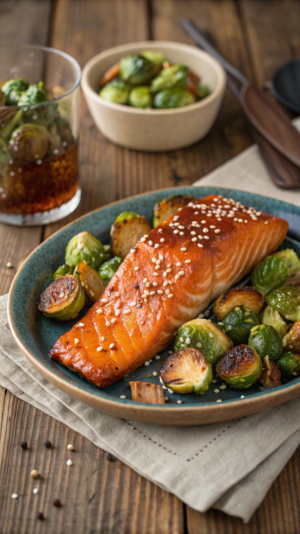 A plate of maple glazed salmon with Brussels sprouts, garnished with sesame seeds, served on a wooden table.