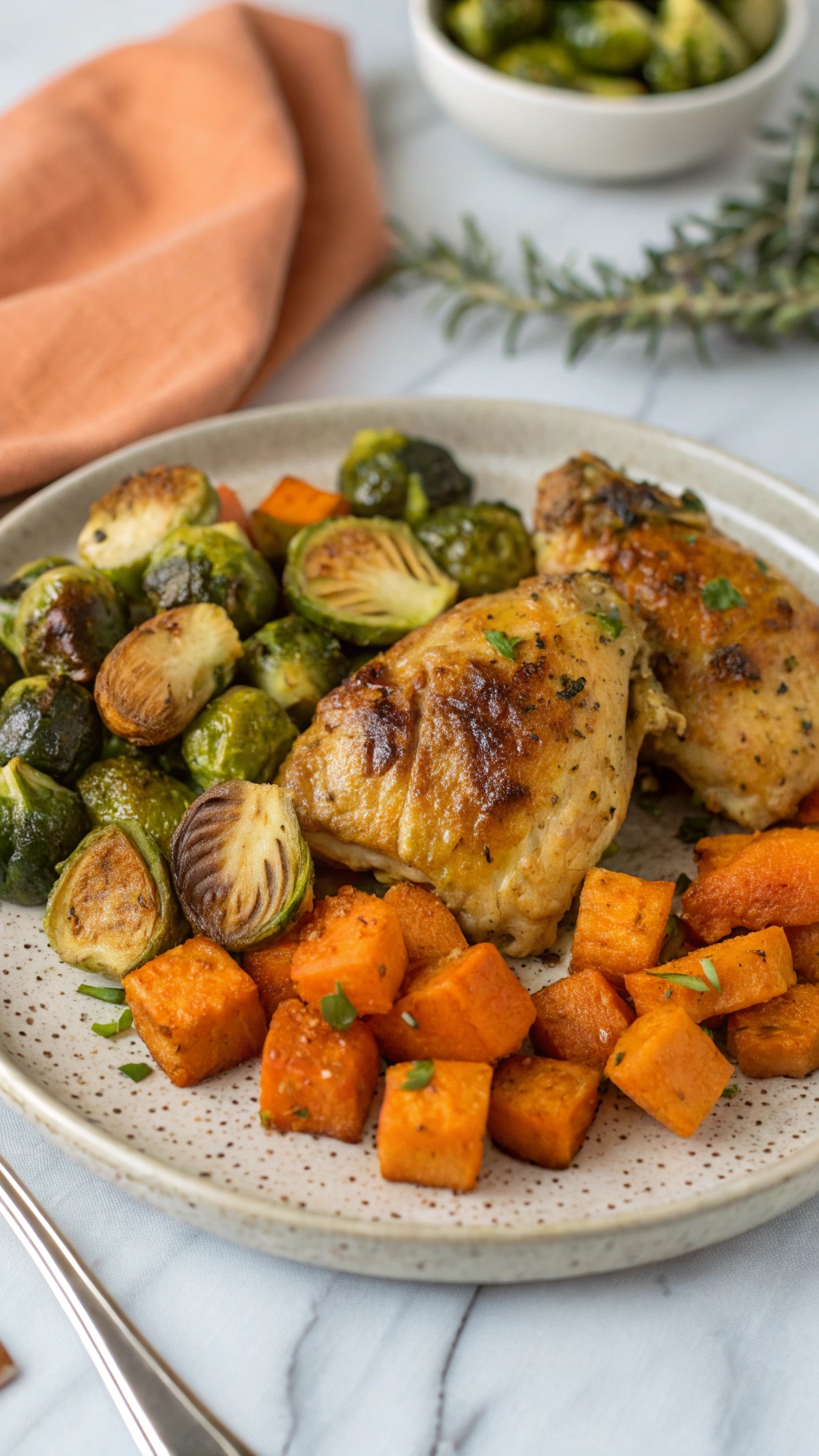 Maple mustard chicken thighs served with roasted Brussels sprouts and butternut squash on a plate.