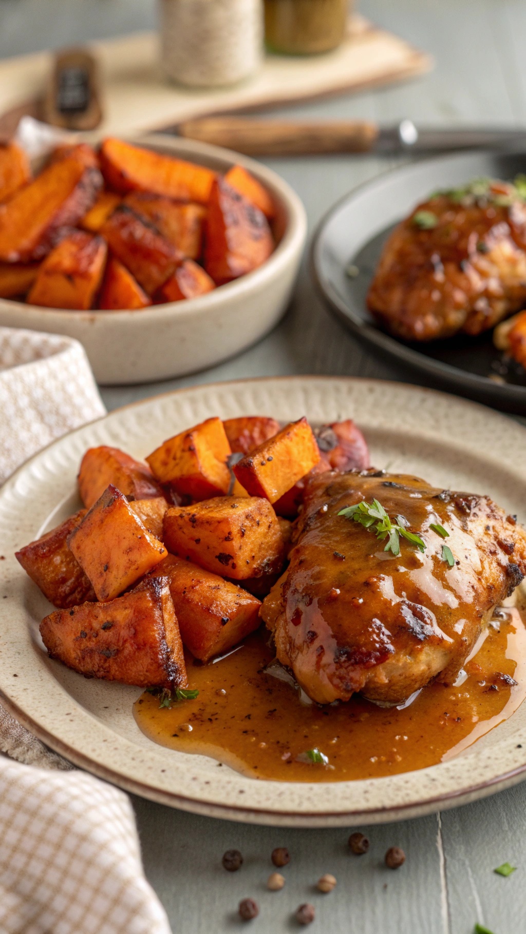 Maple mustard chicken thighs served with roasted sweet potatoes on a plate.