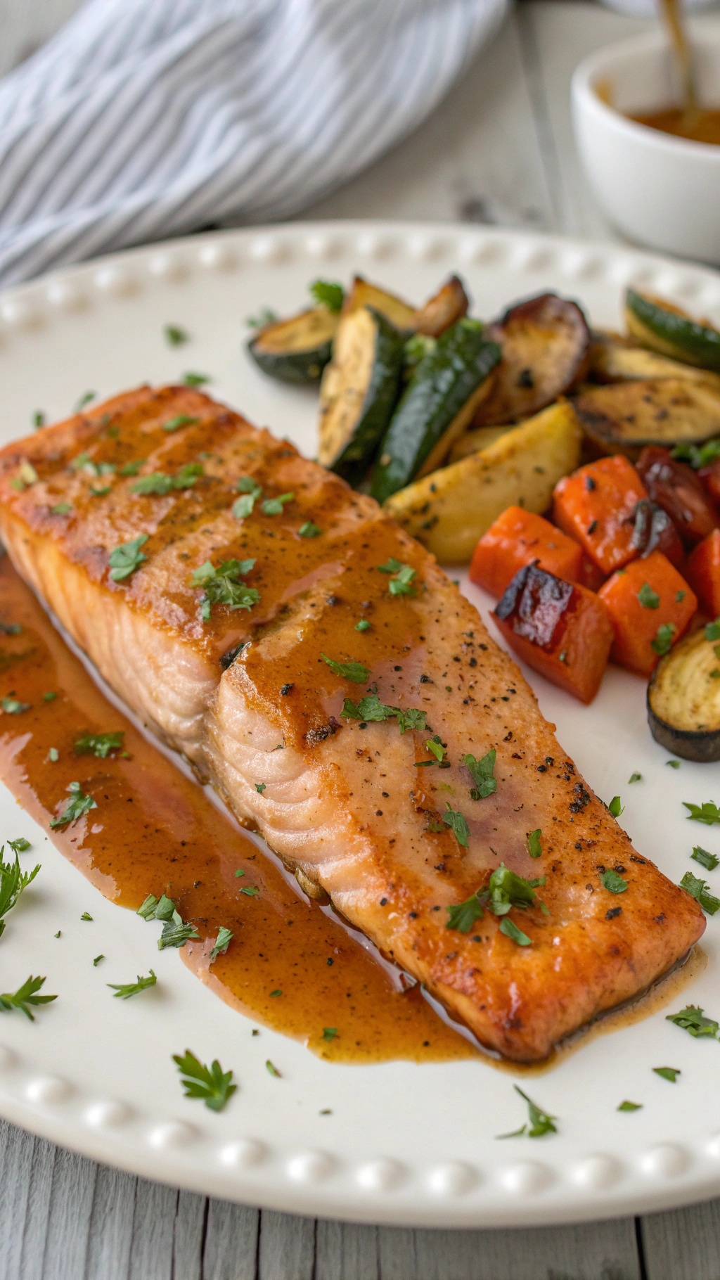 Maple mustard glazed salmon served with roasted vegetables.