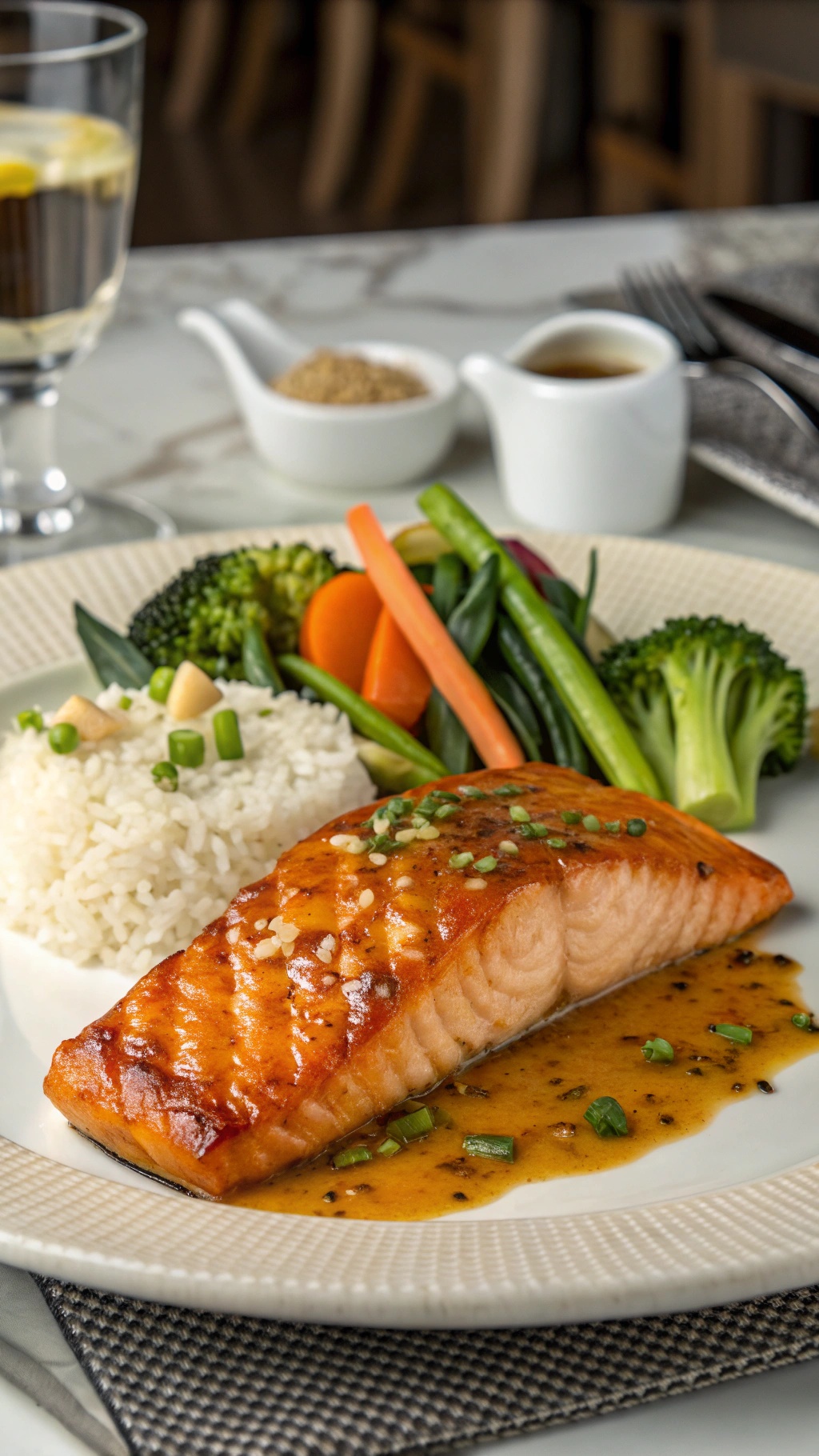 Maple mustard glazed salmon served with rice and vegetables