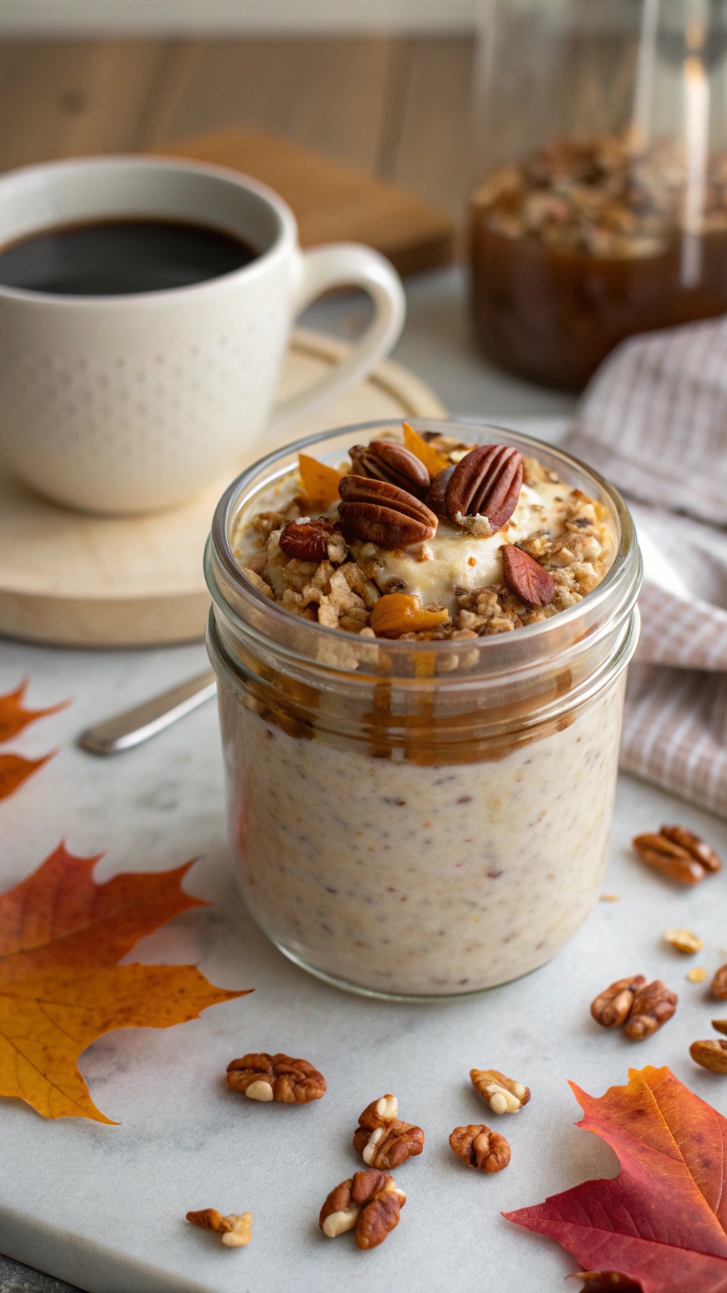 A jar of maple pecan overnight oats with a cup of coffee and fall leaves.