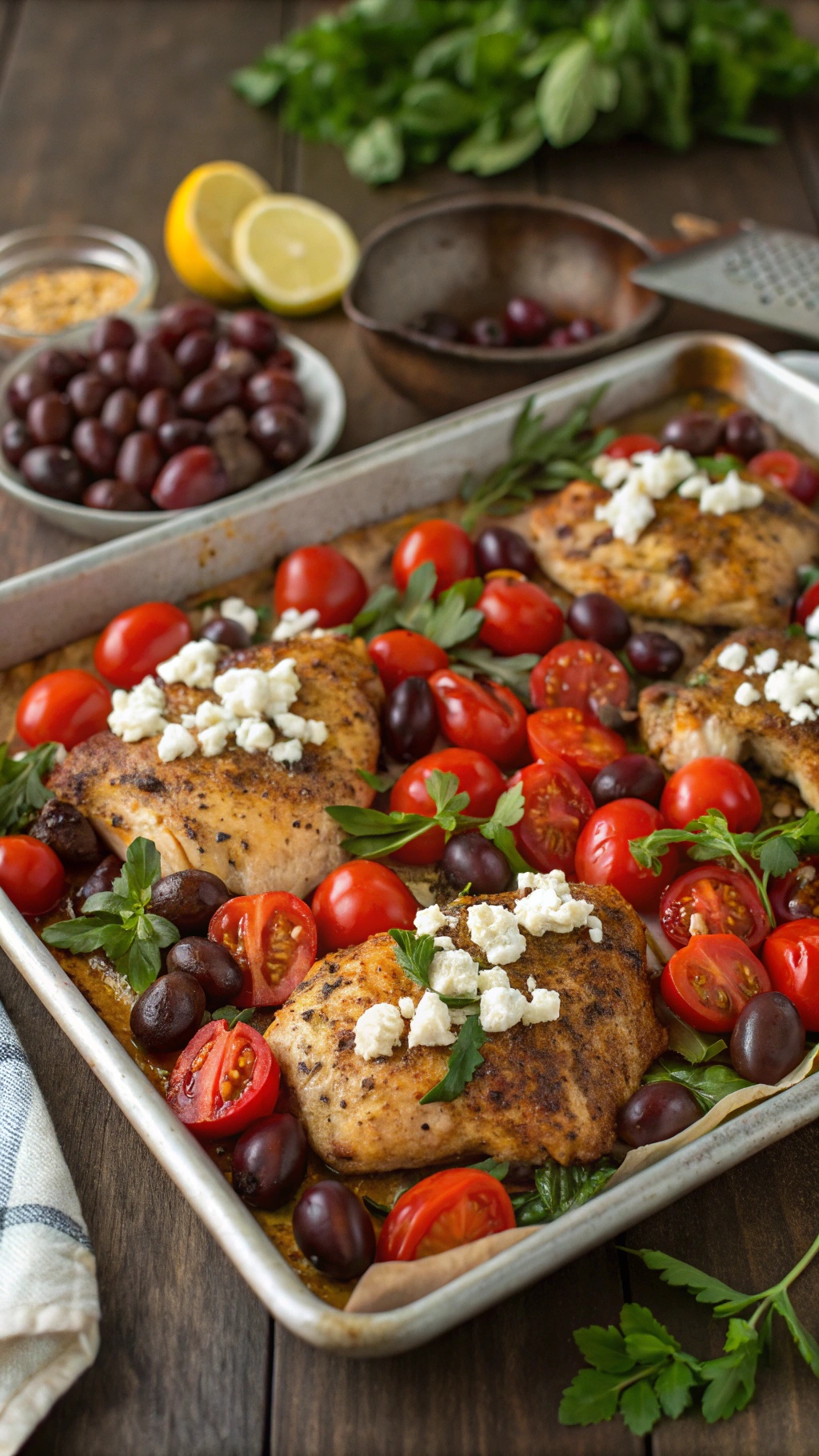 A sheet pan dinner featuring Mediterranean-style chicken with olives, feta cheese, and cherry tomatoes.