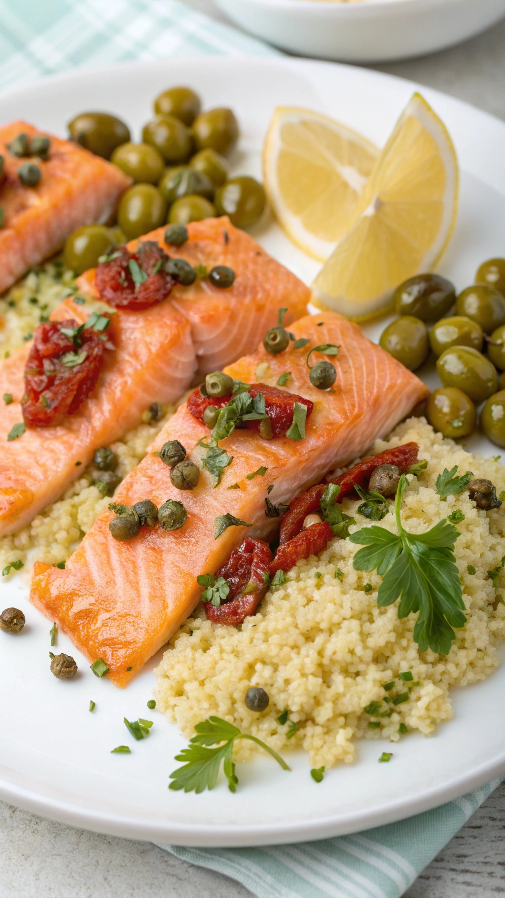 A plate of Mediterranean-style salmon with olives, capers, and couscous, garnished with lemon and herbs.