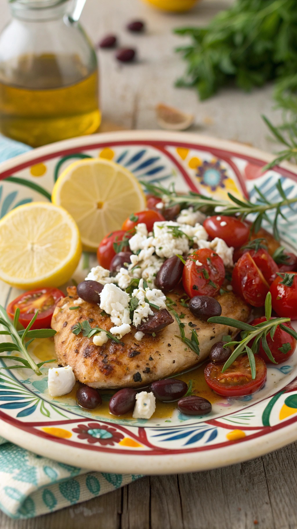 Mediterranean baked chicken with olives and feta on a colorful plate