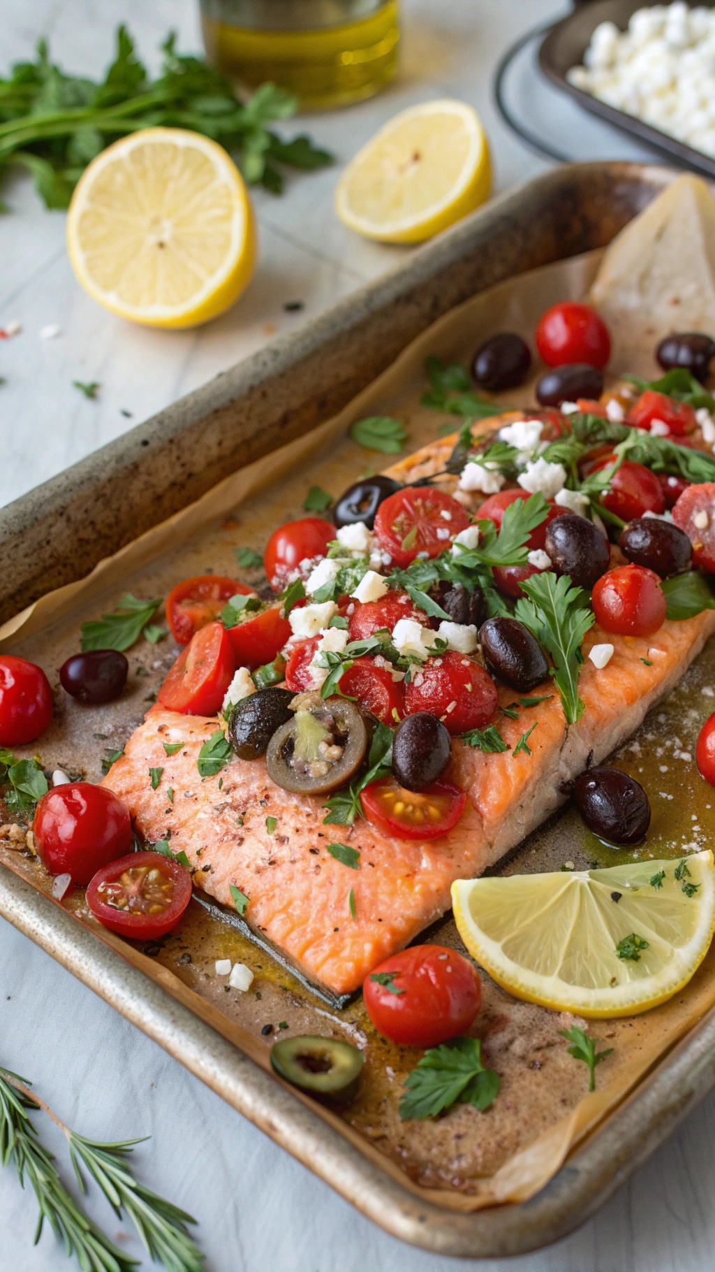 Mediterranean baked salmon with olives and tomatoes on a baking sheet, garnished with lemon slices and parsley.