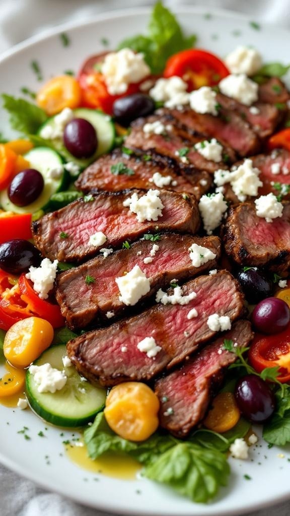 A colorful Mediterranean beef salad featuring sliced steak, feta cheese, olives, and fresh vegetables.