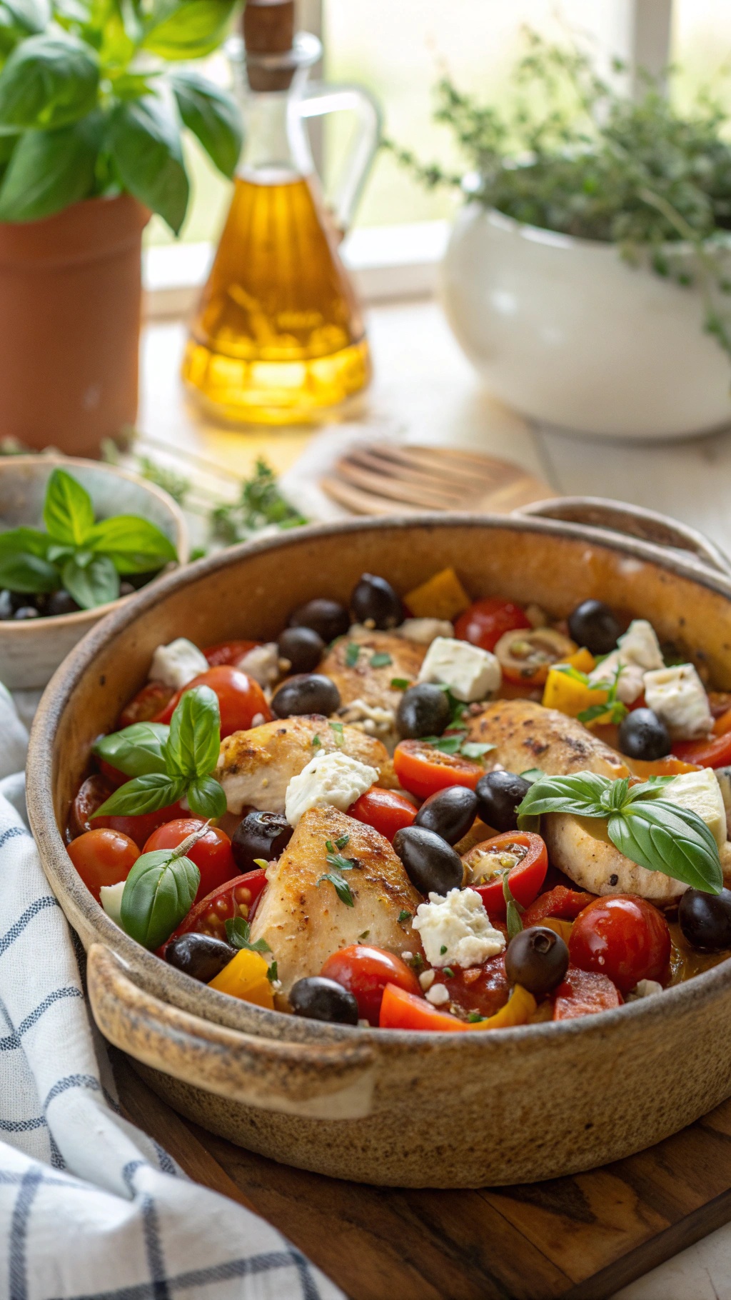 A crockpot filled with Mediterranean chicken, cherry tomatoes, bell peppers, olives, and feta cheese garnished with fresh basil.