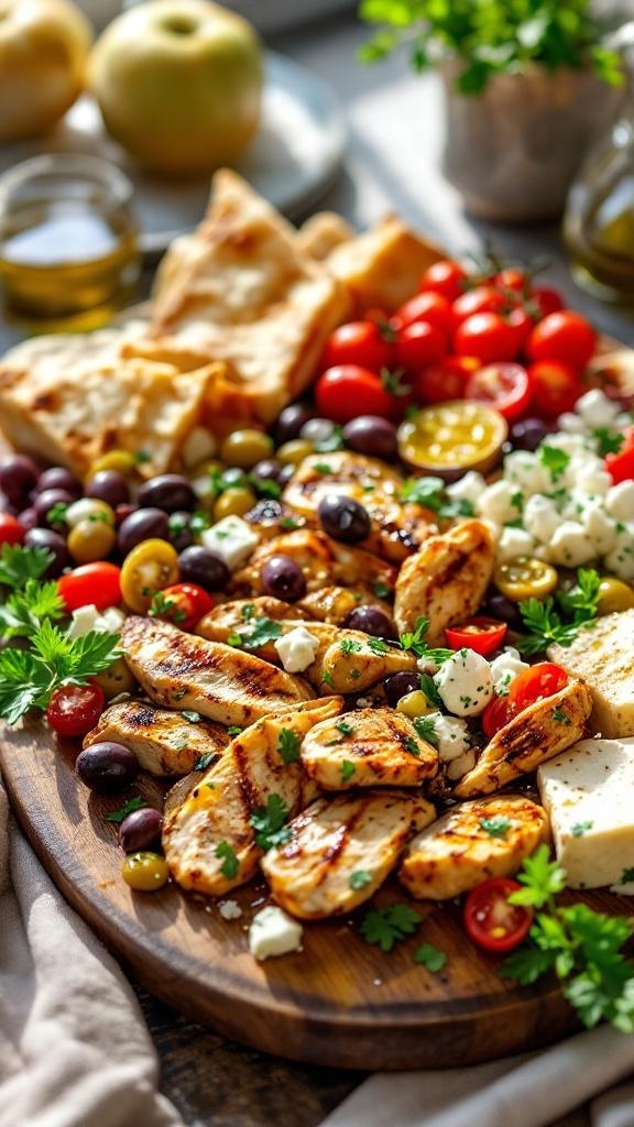 A Mediterranean chicken salad board featuring grilled chicken, cherry tomatoes, olives, feta cheese, and fresh parsley, served with pita bread.