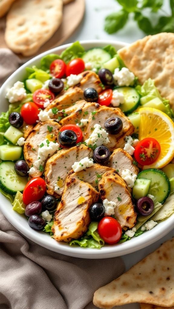 A colorful Mediterranean chicken salad with feta, olives, and fresh vegetables.