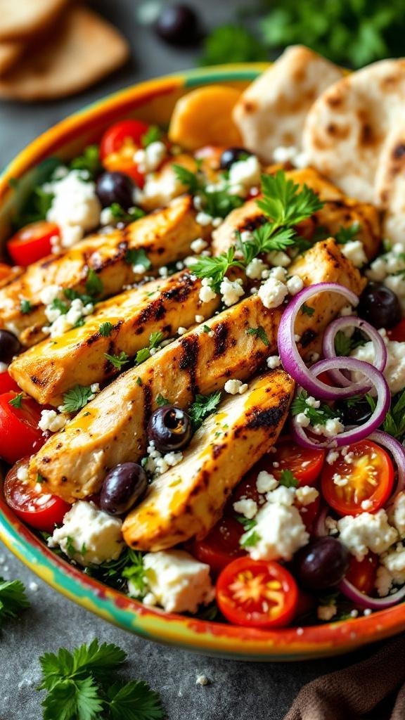 A colorful Mediterranean chicken salad with grilled chicken, feta cheese, cherry tomatoes, olives, and fresh herbs.
