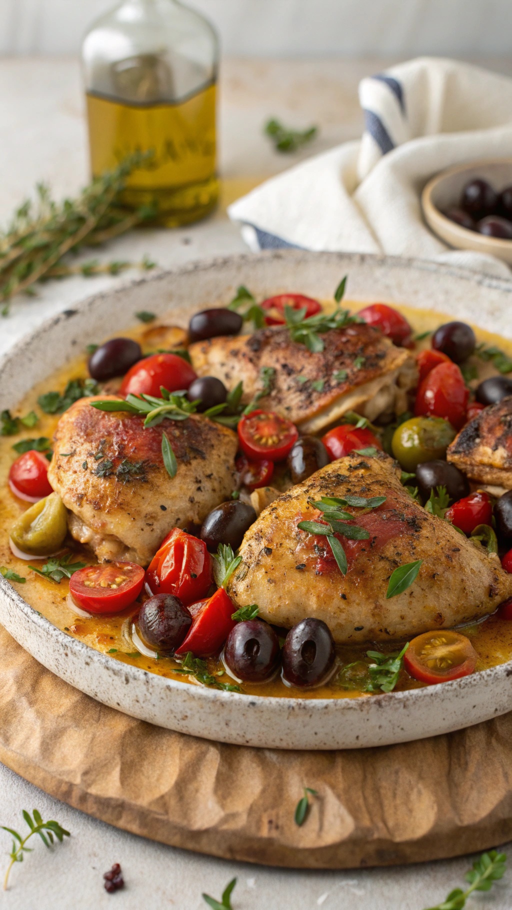 A plate of Mediterranean chicken thighs with olives, cherry tomatoes, and herbs.