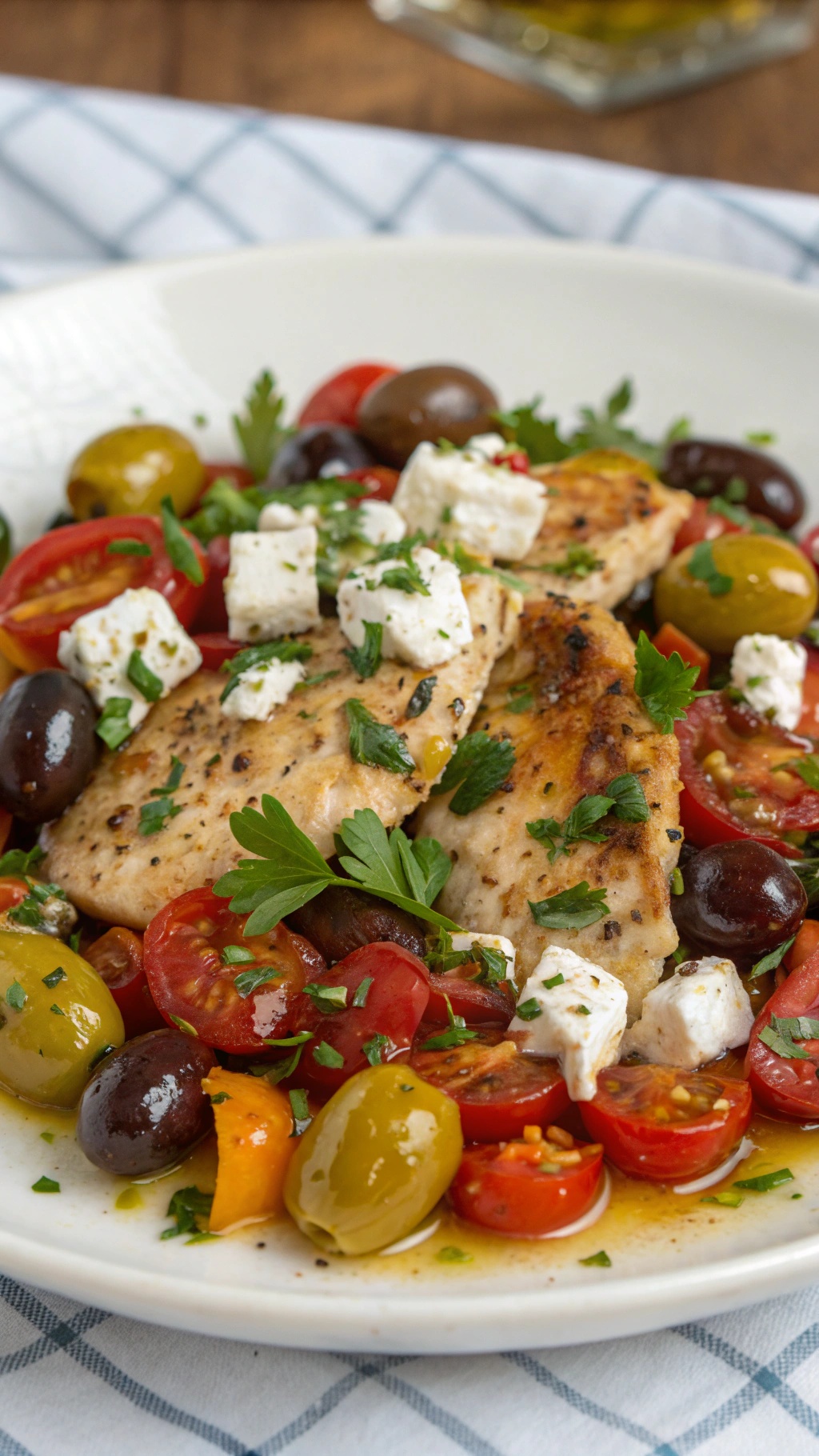 A plate of Mediterranean chicken with olives and feta, garnished with parsley and surrounded by cherry tomatoes.