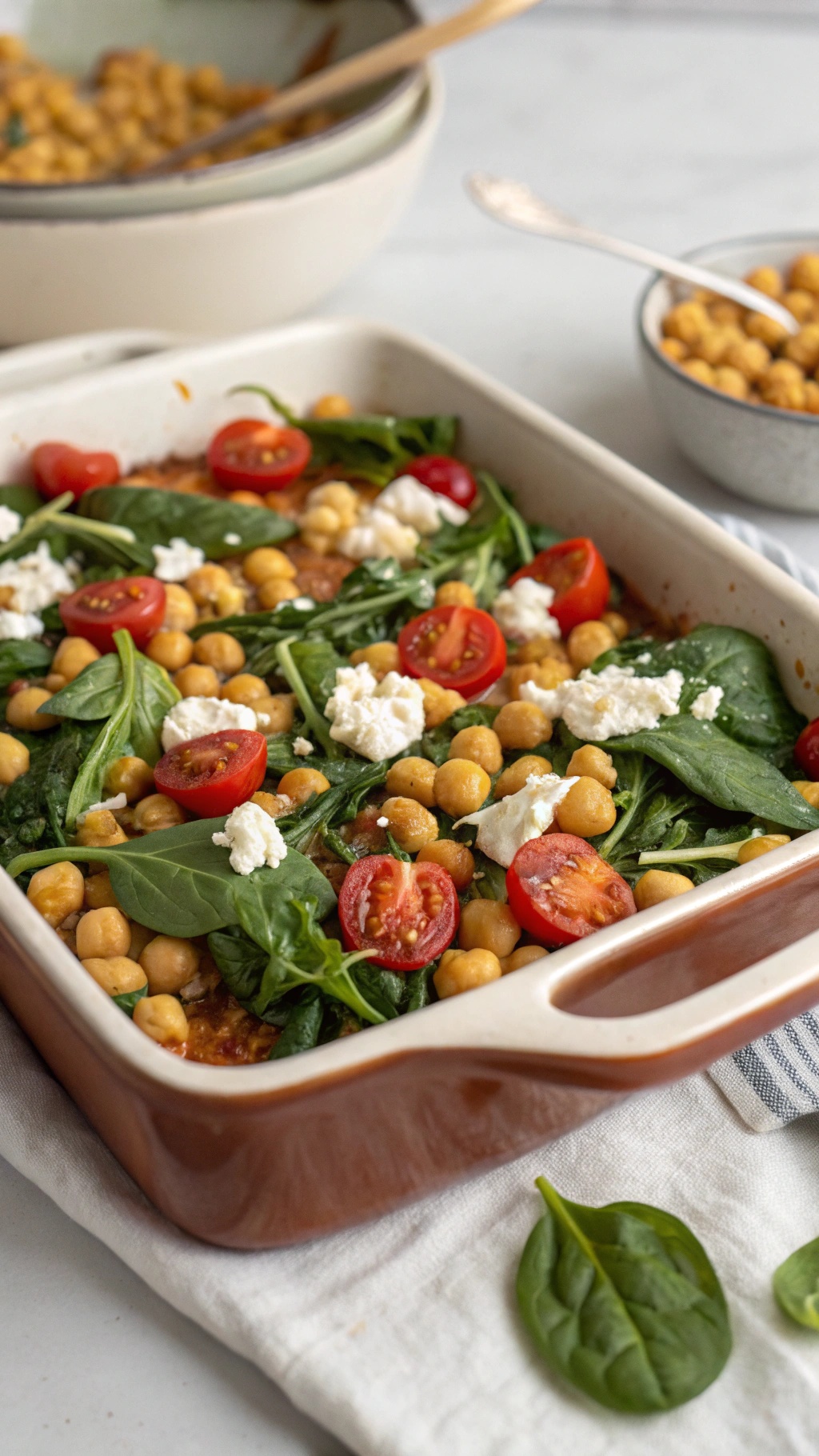 A Mediterranean Chickpea and Spinach Bake in a baking dish, topped with cherry tomatoes and feta cheese.