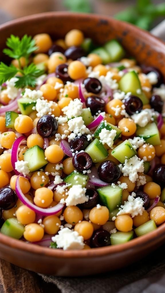 A vibrant Mediterranean Chickpea Salad with feta cheese, cucumbers, red onions, and olives in a bowl.