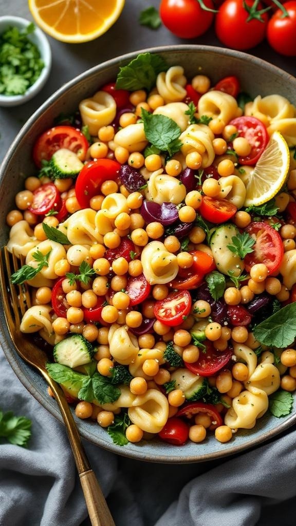 A colorful Mediterranean Chickpea Tortellini Salad with cherry tomatoes, chickpeas, and fresh herbs.