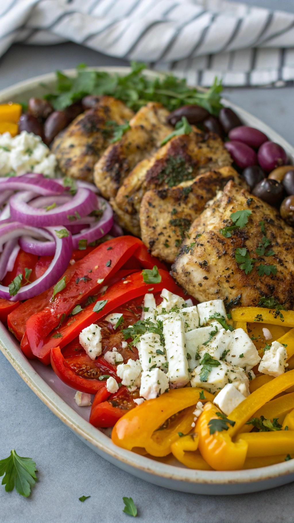 A colorful platter of Greek chicken thighs with bell peppers, red onions, olives, and feta cheese.