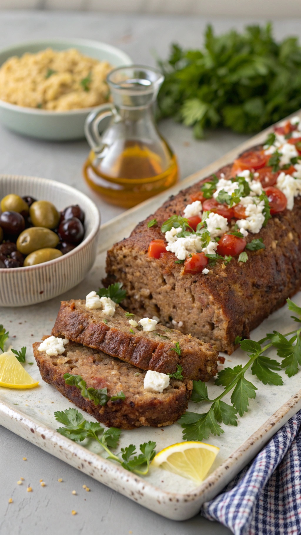 Mediterranean Lamb Meatloaf with Feta and Olives served with olives and herbs