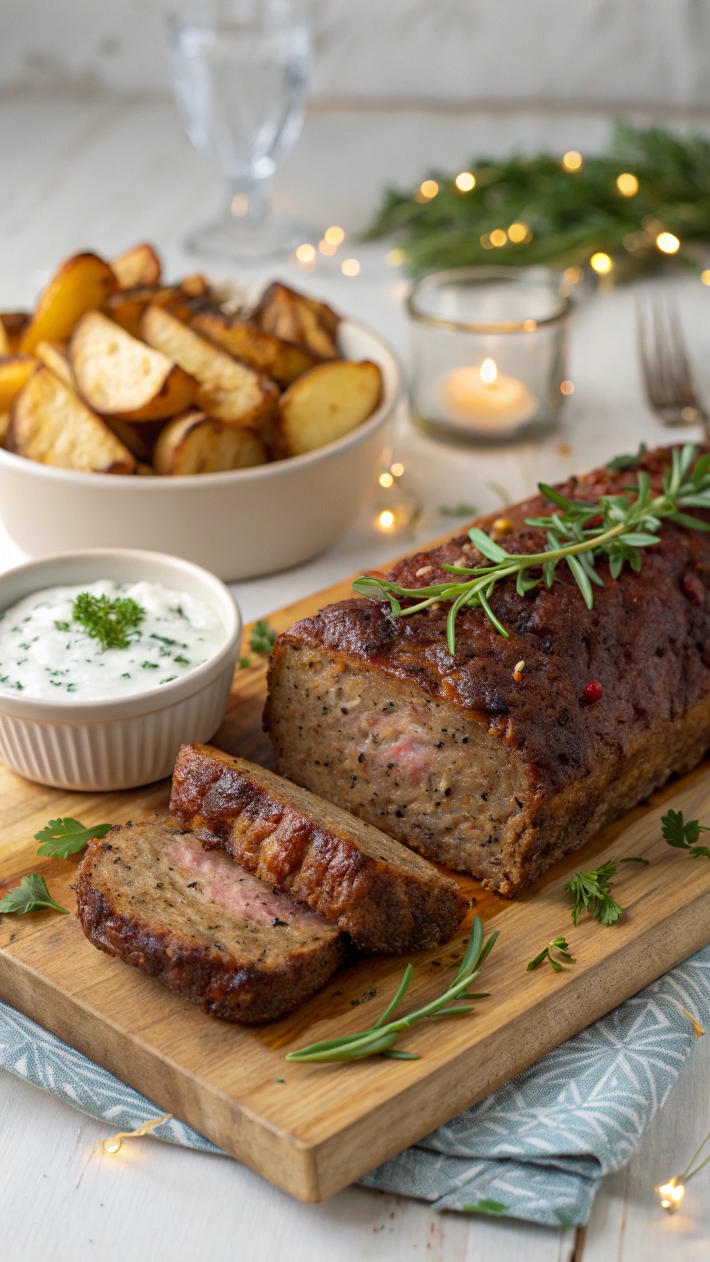 Mediterranean Lamb Meatloaf with herbs, sliced and served with roasted potatoes and a creamy dipping sauce.