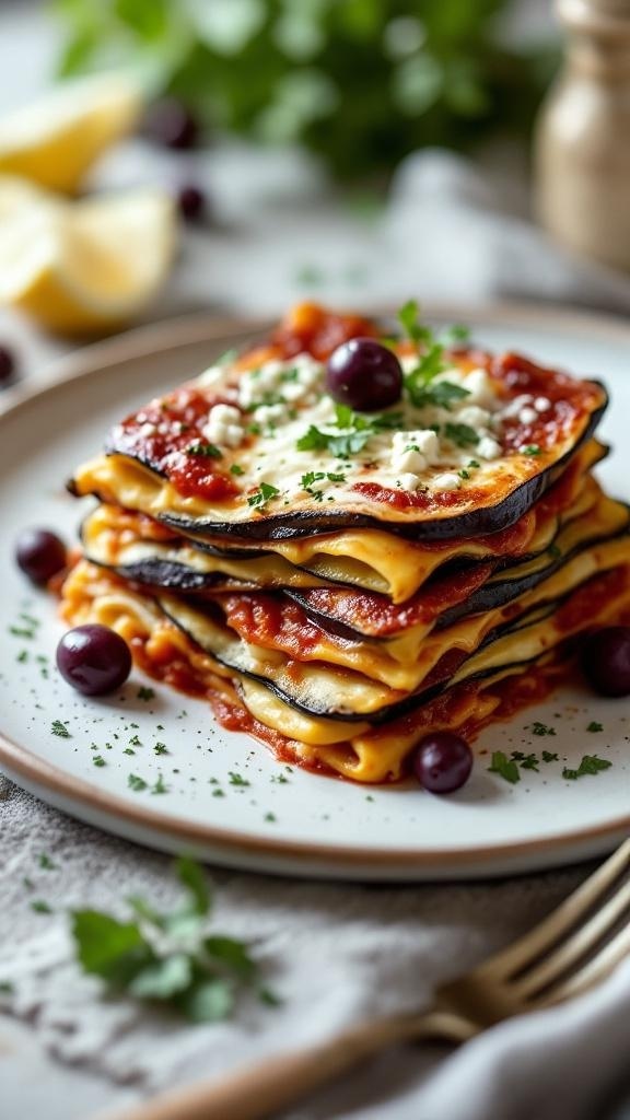A delicious Mediterranean lasagna made with eggplant and feta, beautifully stacked and garnished with fresh herbs.