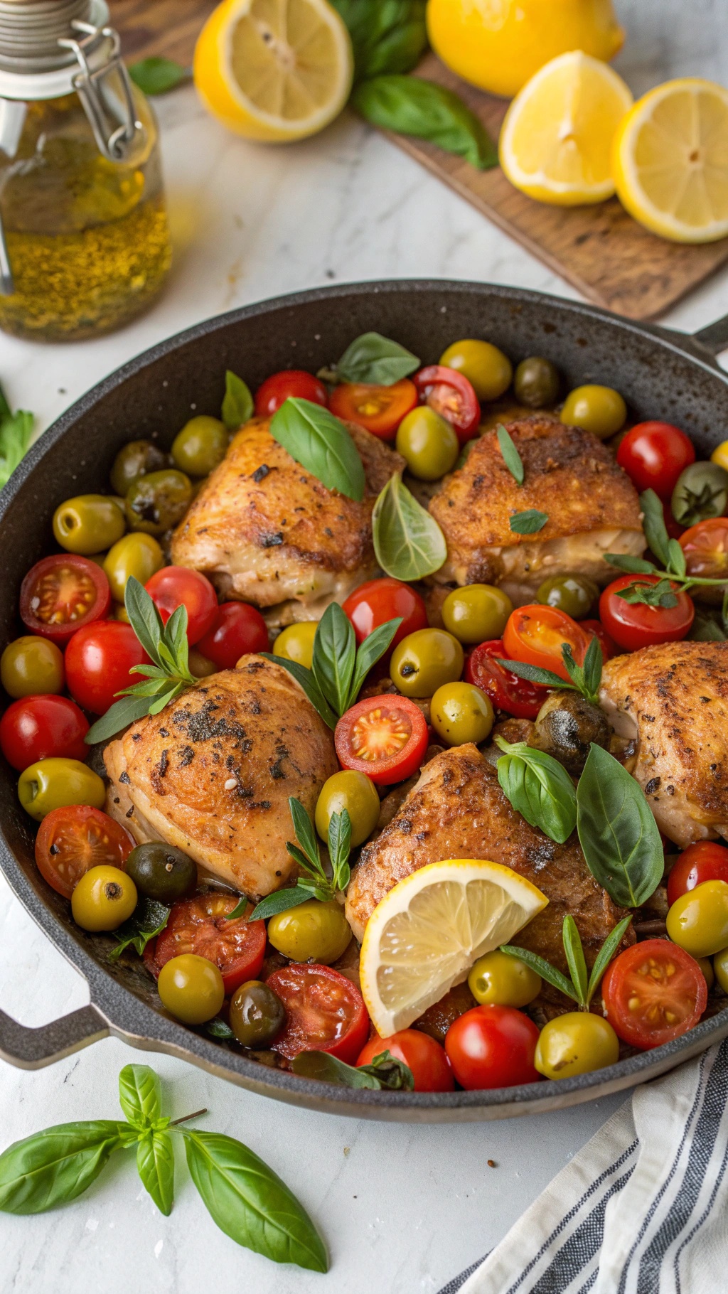 A delicious one-pan chicken thigh dish with olives, tomatoes, and fresh basil.