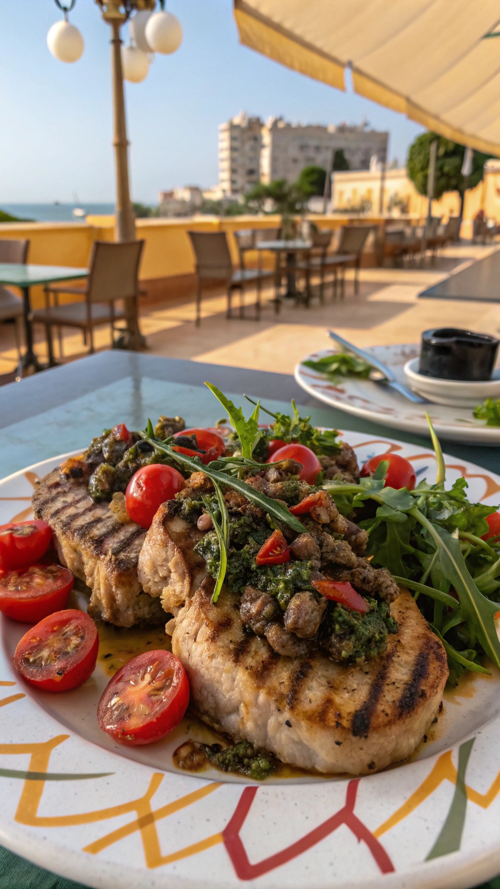 Grilled pork chops topped with olive tapenade, served with cherry tomatoes and arugula.