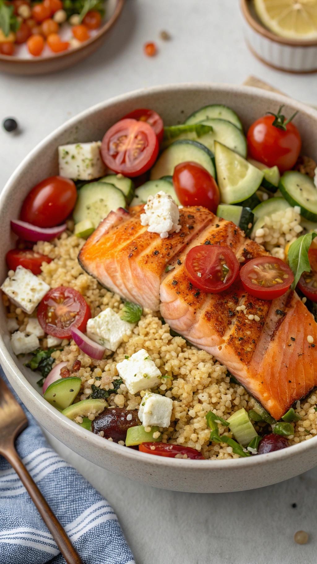 A bowl of Mediterranean quinoa salad topped with grilled salmon, cherry tomatoes, cucumbers, and feta cheese.