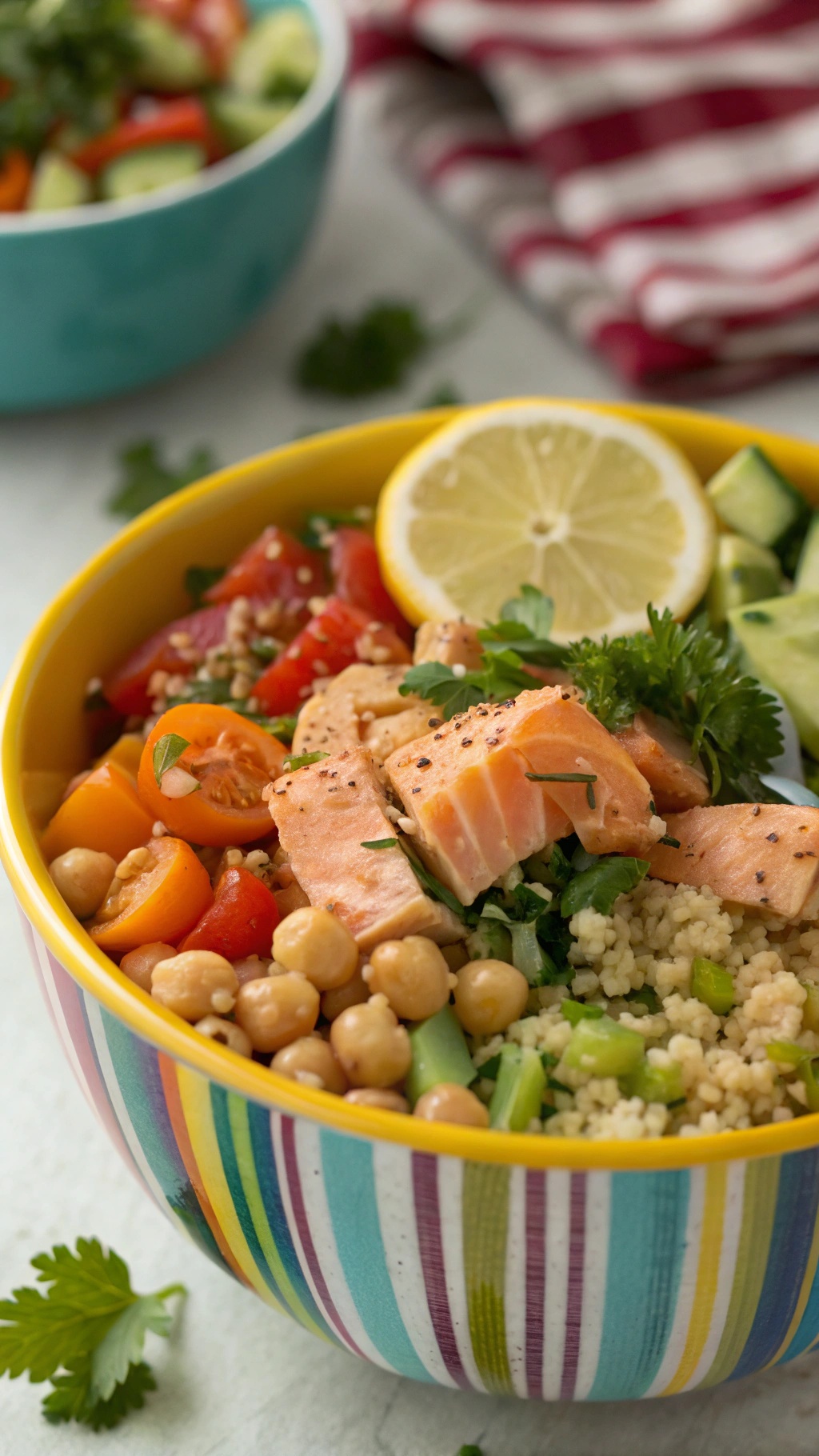 A colorful Mediterranean salmon bowl with chickpeas, couscous, cherry tomatoes, cucumber, and lemon.