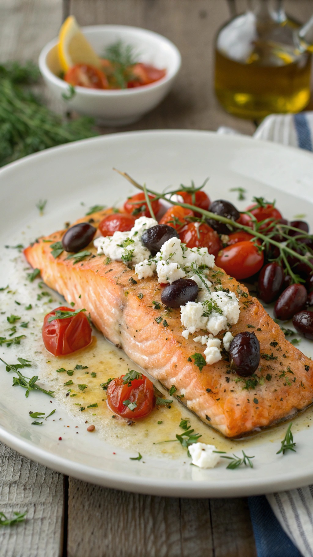 A plate of Mediterranean salmon topped with olives and feta cheese, surrounded by cherry tomatoes.