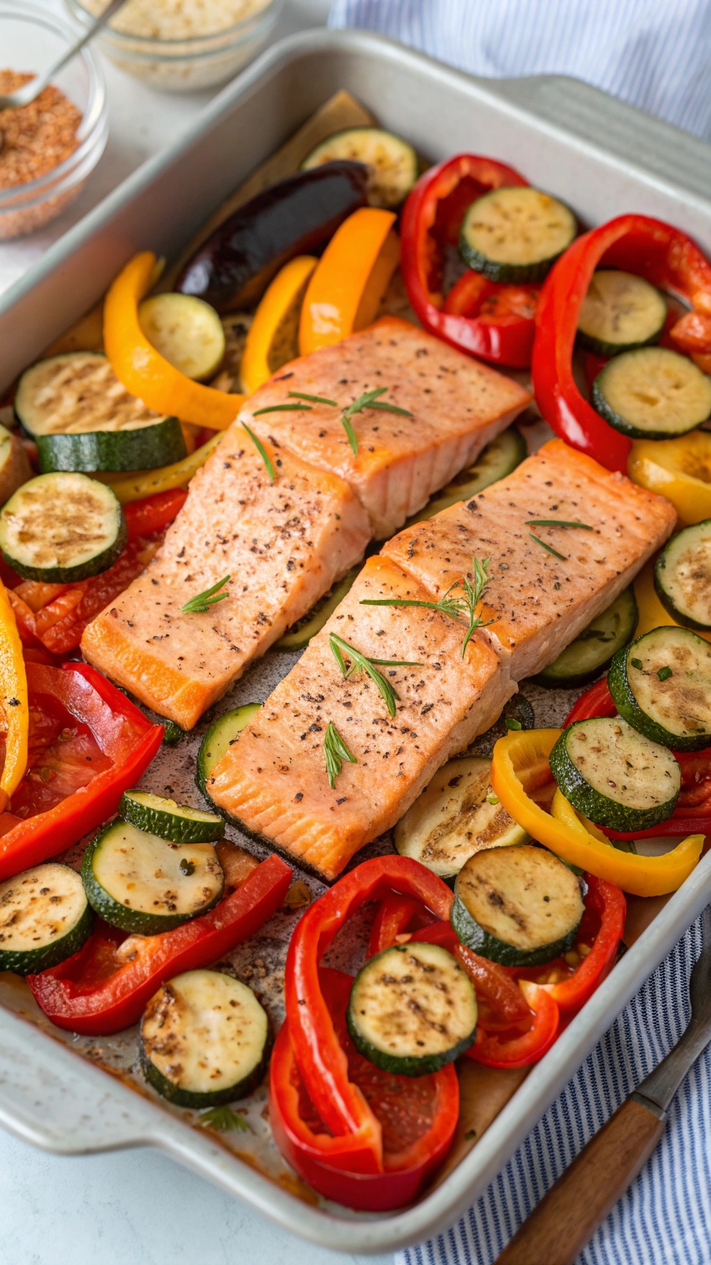 A delicious plate of Mediterranean salmon with roasted vegetables including zucchini, bell peppers, and eggplant.