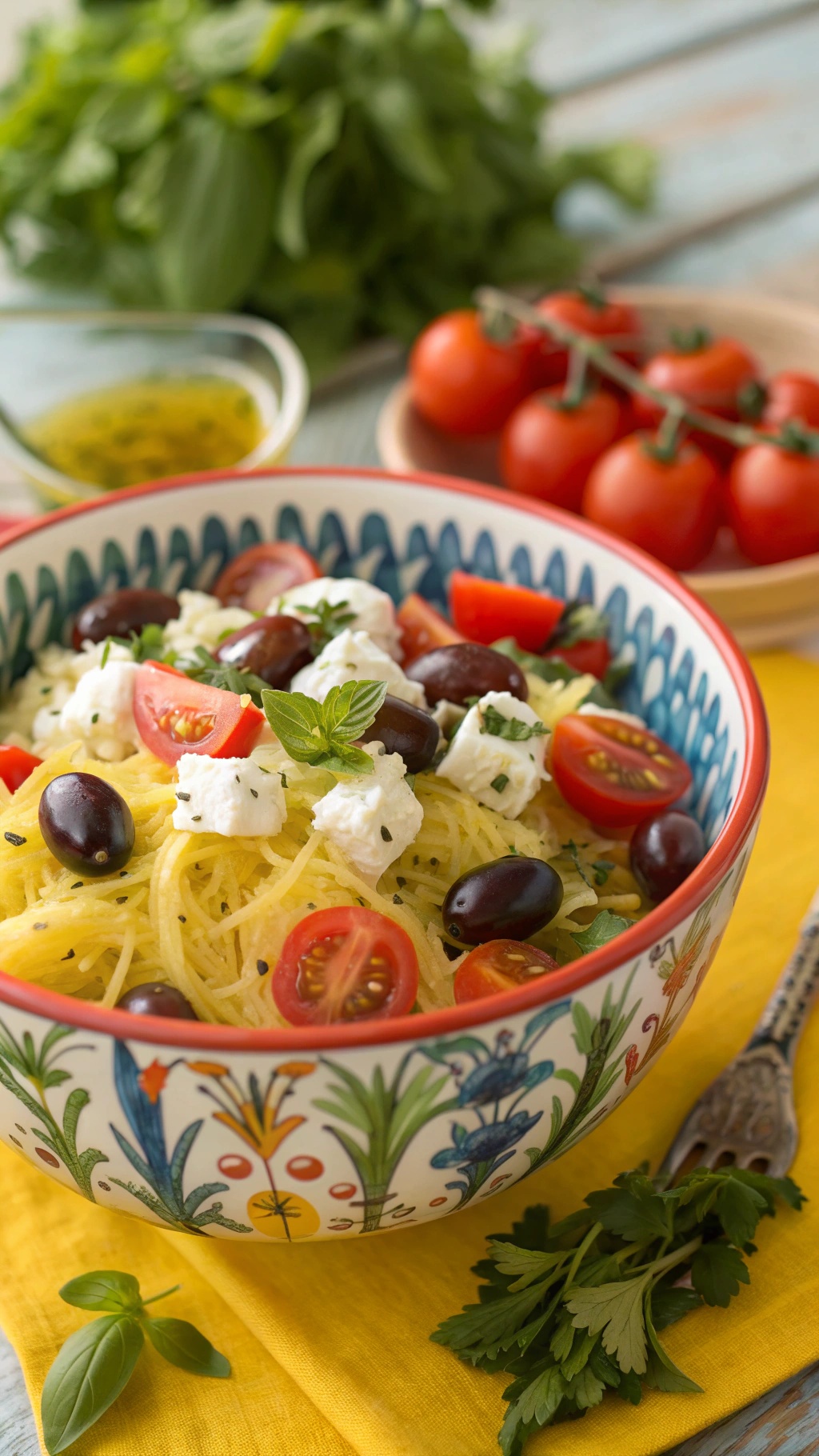 A colorful Mediterranean Spaghetti Squash Salad with cherry tomatoes, olives, and feta cheese in a decorative bowl.