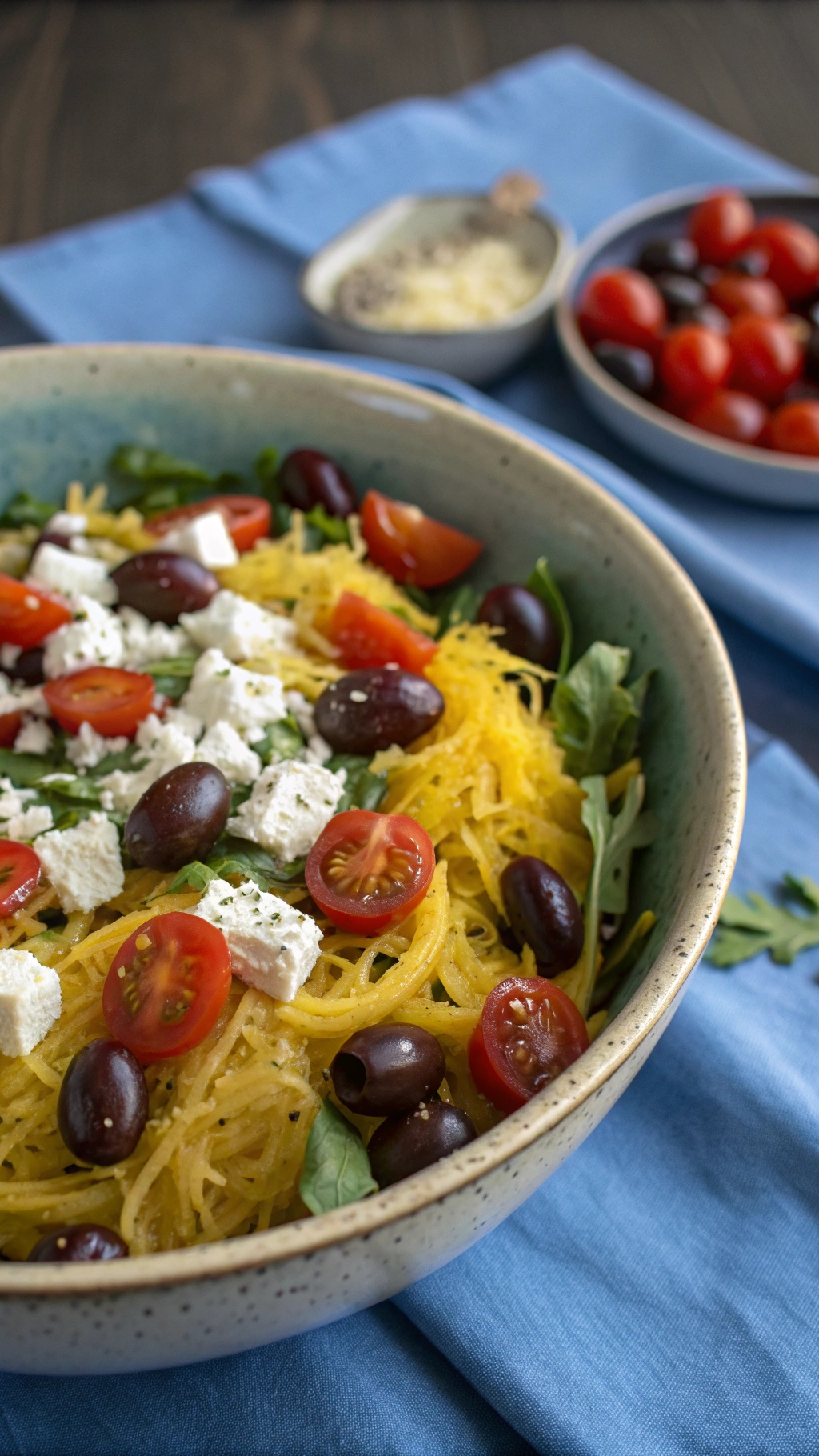 A bowl of Mediterranean spaghetti squash salad with cherry tomatoes, olives, and feta cheese.