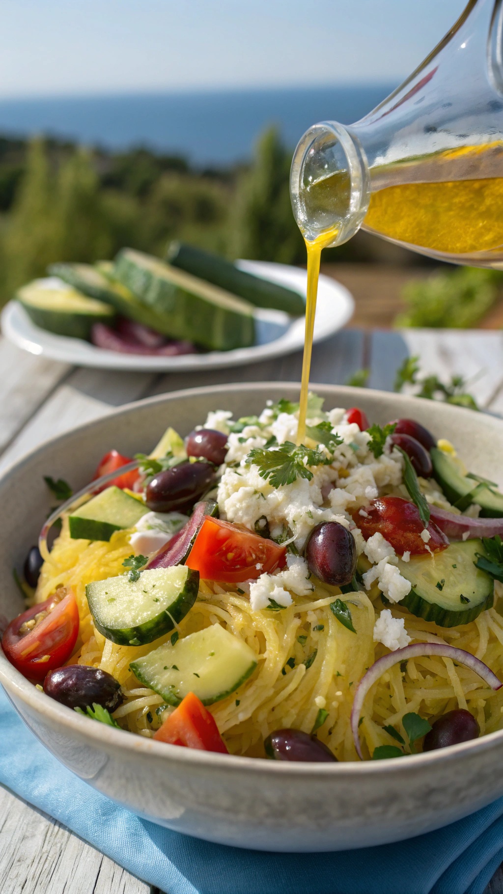 A Mediterranean spaghetti squash salad with fresh vegetables, feta cheese, and olive oil being drizzled on top.