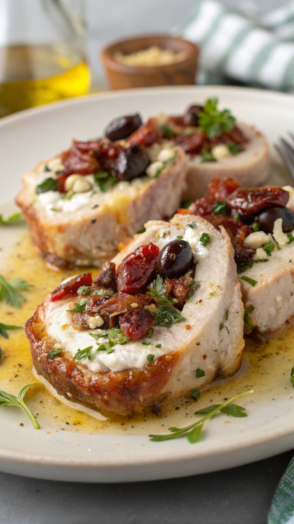 Mediterranean stuffed pork chops garnished with herbs and served on a plate.