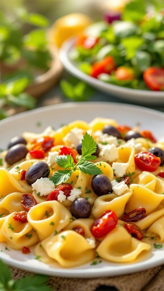 A plate of Mediterranean tortellini with olives, sun-dried tomatoes, and feta cheese, garnished with fresh herbs.
