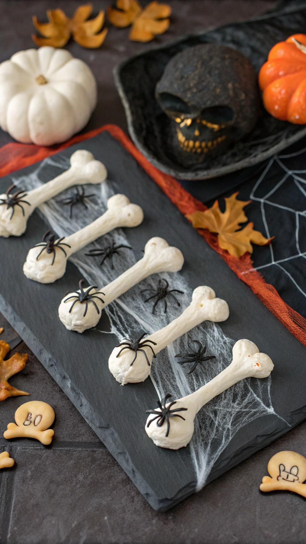 A display of meringue bones decorated with black spiders on a slate board, surrounded by autumn leaves and pumpkins.