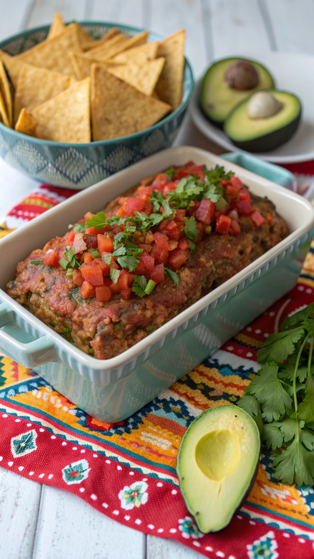 Mexican-inspired meatloaf topped with tomatoes and cilantro, served with tortilla chips and avocado