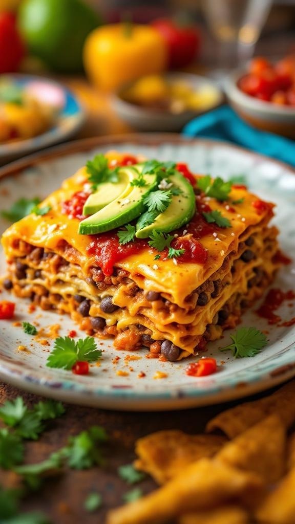 A delicious Mexican-inspired one-pan lasagna with layers of noodles, beef, beans, and cheese, topped with avocado and cilantro.