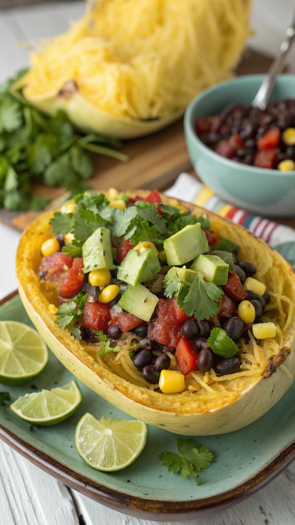 A delicious Mexican-style spaghetti squash filled with black beans, corn, and topped with avocado salsa.