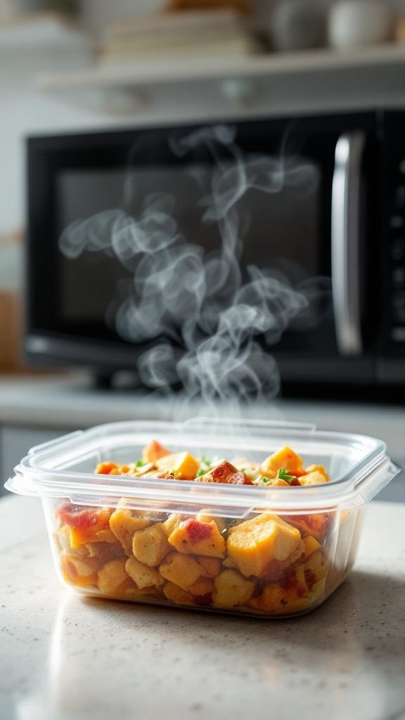 A microwave-safe container filled with steaming food, showcasing the convenience of meal prep.