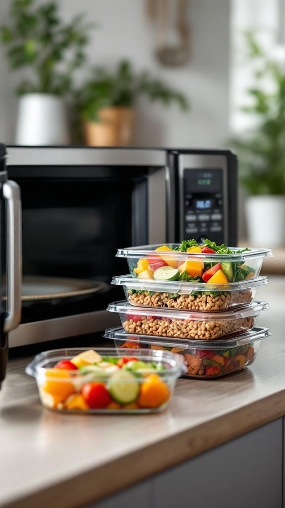 Microwave-safe meal prep containers stacked on a kitchen counter, filled with colorful vegetables and grains, next to a microwave.