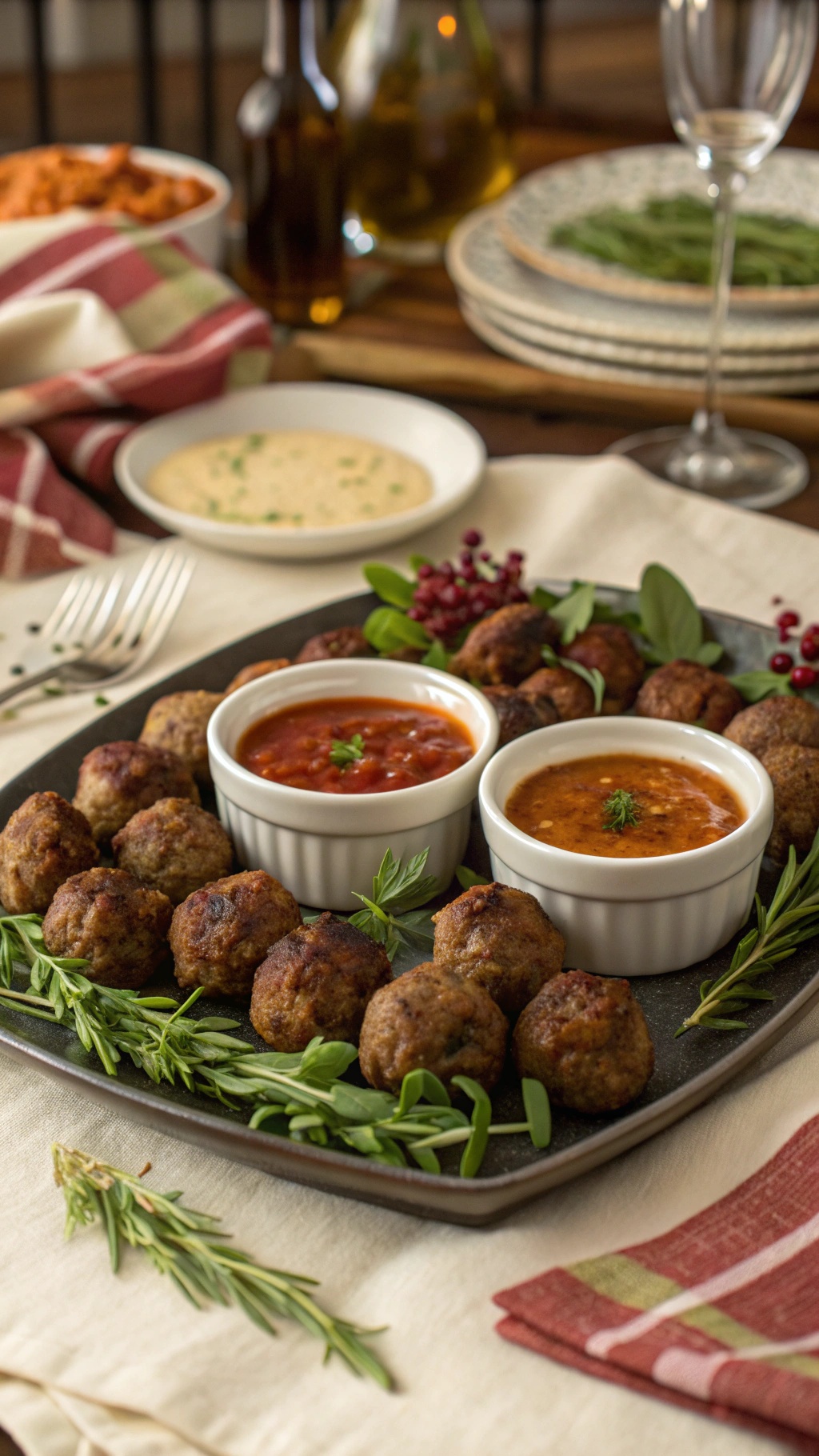 A platter of mini meatballs with two dipping sauces, garnished with herbs.