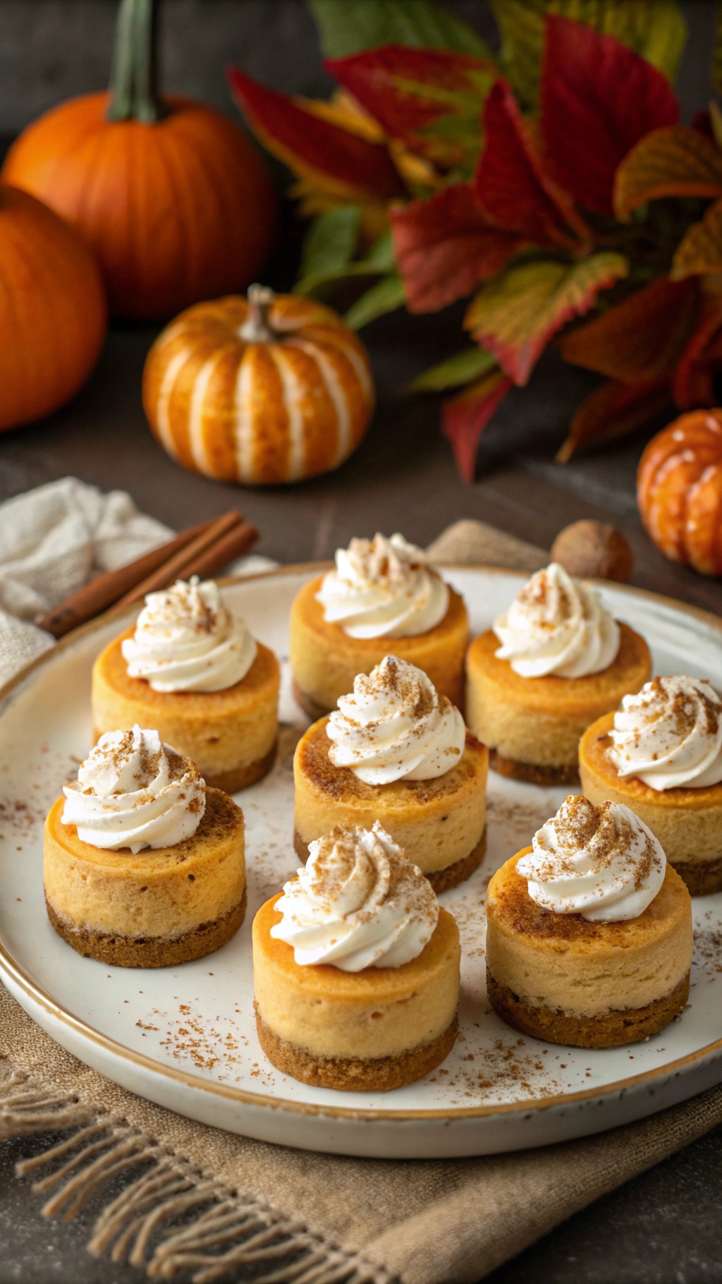 Mini pumpkin cheesecakes on a plate, decorated with whipped cream and cinnamon, surrounded by pumpkins and autumn leaves.